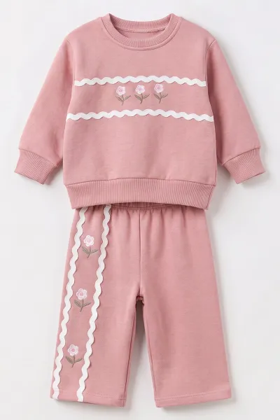 Pembe (1-4 Yaş) 3 Çiçek Nakışlı Şeritli 3 İp Şardonlu Kız Çocuk&Bebek Kışlık Takım 495018