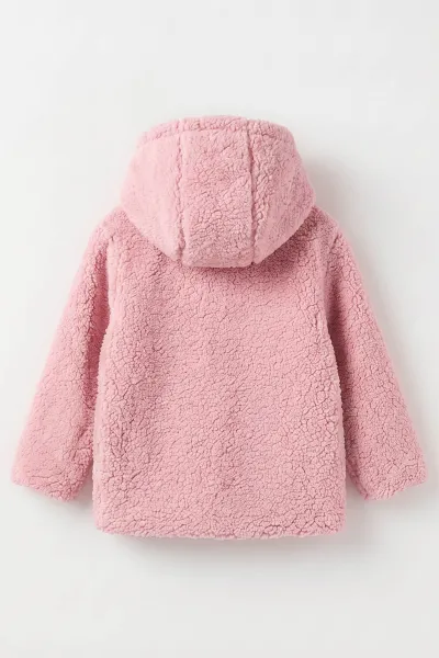 Pembe (1-4 Yaş) Astarlı Kapüşonlu Peluş Kız Çocuk Hırka 495800