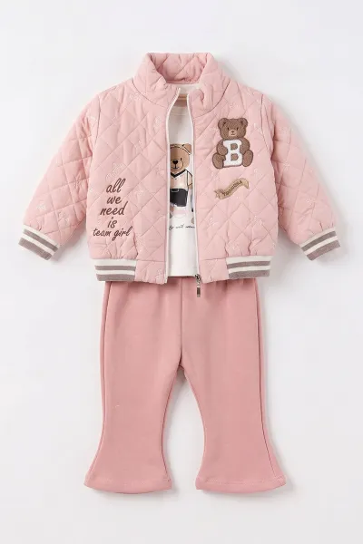 Pembe (1-4 Yaş) Ayıcık Baskılı Fitilli Badili Fiyonk Nakışlı Ceketli Alt Şardonlu   Kız Çocuk&Bebek 3'lü Takım 495274