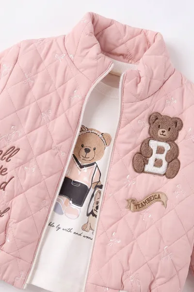 Pembe (1-4 Yaş) Ayıcık Baskılı Fitilli Badili Fiyonk Nakışlı Ceketli Alt Şardonlu   Kız Çocuk&Bebek 3'lü Takım 495274