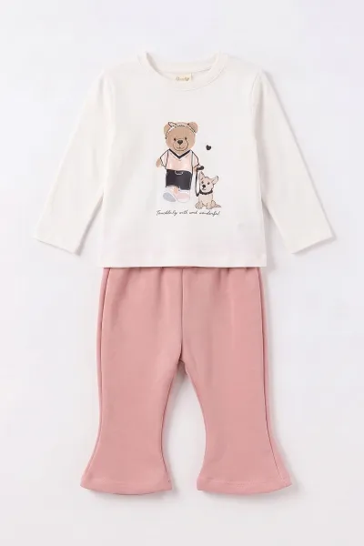 Pembe (1-4 Yaş) Ayıcık Baskılı Fitilli Badili Fiyonk Nakışlı Ceketli Alt Şardonlu   Kız Çocuk&Bebek 3'lü Takım 495274