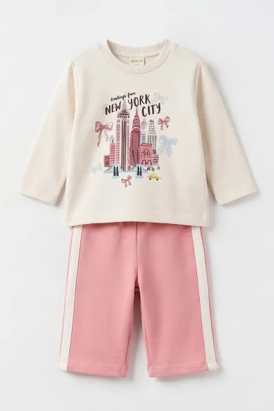 Pembe (1-4 Yaş)  Baskılı  Badili 95 Nakışlı Ceketli Alt Şardonlu   Kız Çocuk&Bebek 3'lü Takım 495289