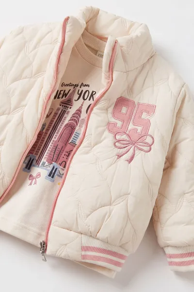 Pembe (1-4 Yaş)  Baskılı  Badili 95 Nakışlı Ceketli Alt Şardonlu   Kız Çocuk&Bebek 3'lü Takım 495289