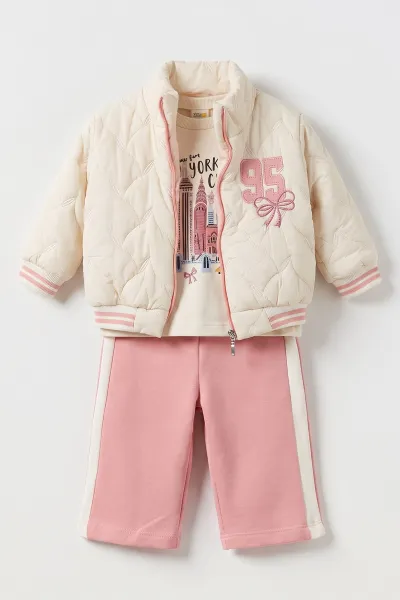 Pembe (1-4 Yaş)  Baskılı  Badili 95 Nakışlı Ceketli Alt Şardonlu   Kız Çocuk&Bebek 3'lü Takım 495289