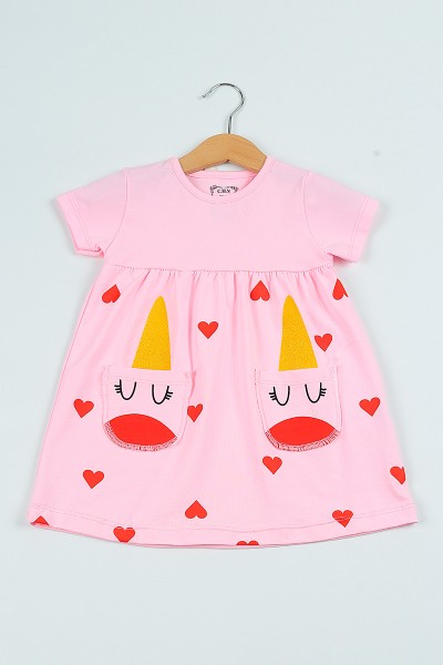 Pembe (1-4 yaş) Baskılı Cepli Kız Çocuk Elbise 103709