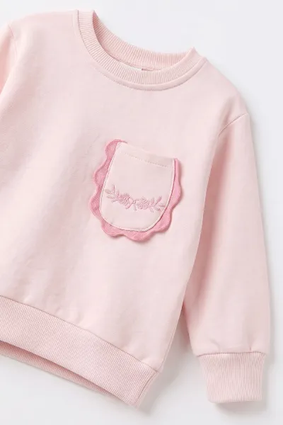 Pembe (1-4 Yaş) Cebi Fiyonk Nakışlı 3 İp Şardonlu Kız Çocuk Kışlık Takım 494685