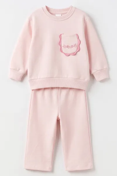 Pembe (1-4 Yaş) Cebi Fiyonk Nakışlı 3 İp Şardonlu Kız Çocuk Kışlık Takım 494685