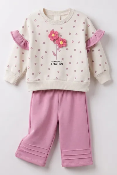 Pembe (1-4 Yaş) Çiçek Baskılı 3 İp Şardonlu Kız Çocuk&Bebek Kışlık Takım 490145