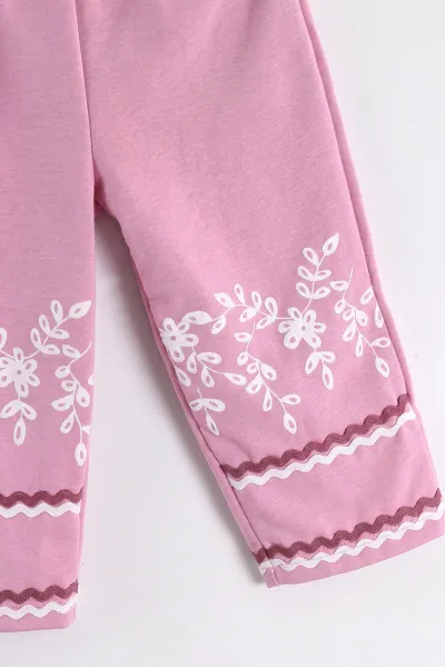 Pembe (1-4 Yaş) Çiçek Baskılı Fırfır Detaylı 3 İp Şardonlu Kız Bebek&Çocuk Kışlık Takım 494929