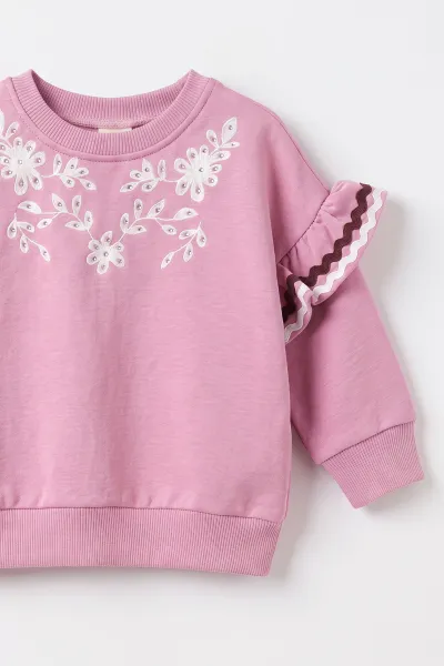 Pembe (1-4 Yaş) Çiçek Baskılı Fırfır Detaylı 3 İp Şardonlu Kız Bebek&Çocuk Kışlık Takım 494929