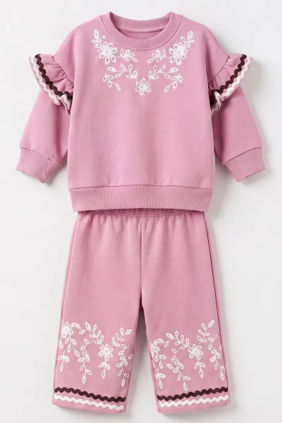 Pembe (1-4 Yaş) Çiçek Baskılı Fırfır Detaylı 3 İp Şardonlu Kız Bebek&Çocuk Kışlık Takım 494929