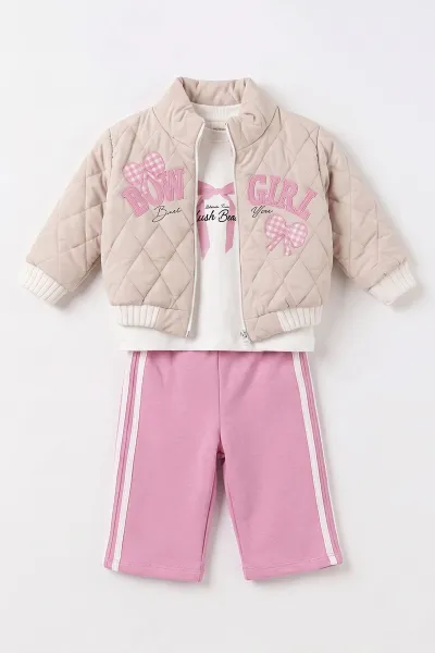 Pembe (1-4 Yaş) Fiyonk Baskılı  Badili Bow Girl  Nakışlı Ceketli Alt Şardonlu   Kız Çocuk&Bebek 3'lü Takım 495284