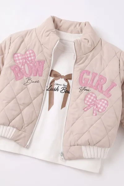 Pembe (1-4 Yaş) Fiyonk Baskılı  Badili Bow Girl  Nakışlı Ceketli Alt Şardonlu   Kız Çocuk&Bebek 3'lü Takım 495284