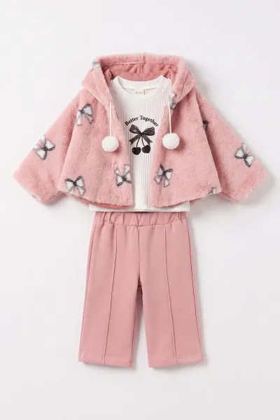 Pembe (1-4 Yaş)  Fiyonk Baskılı  Badili  Peluş Pançolu Alt Şardonlu   Kız Çocuk&Bebek 3'lü Takım 495295