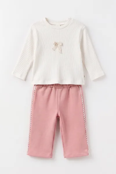Pembe (1-4 Yaş)   Fiyonk Nakışlı Badili  Peluş Ceketli Alt Şardonlu   Kız Çocuk&Bebek 3'lü Takım 495300