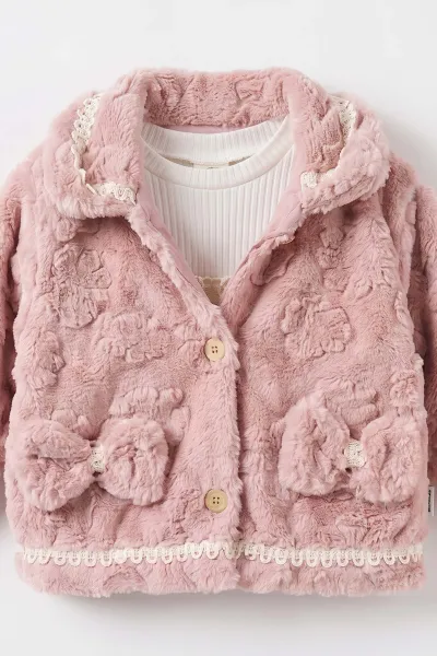 Pembe (1-4 Yaş)   Fiyonk Nakışlı Badili  Peluş Ceketli Alt Şardonlu   Kız Çocuk&Bebek 3'lü Takım 495300