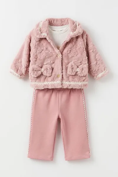 Pembe (1-4 Yaş)   Fiyonk Nakışlı Badili  Peluş Ceketli Alt Şardonlu   Kız Çocuk&Bebek 3'lü Takım 495300