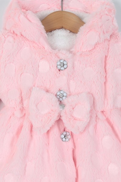 Pembe (1-4 Yaş) Fiyonk Peluş Motifli Düğmeli İçi Kürklü Mont 216849