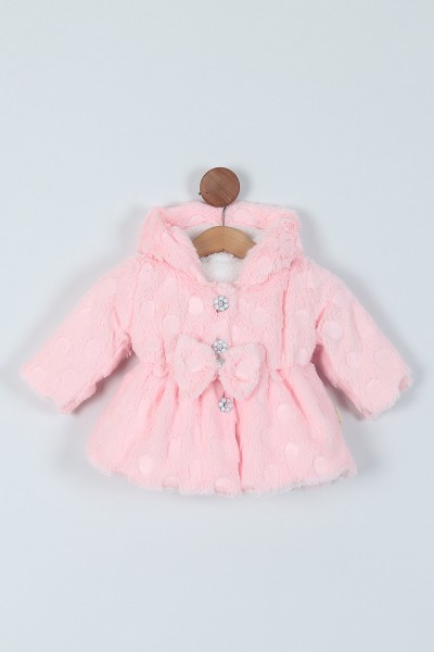 Pembe (1-4 Yaş) Fiyonk Peluş Motifli Düğmeli İçi Kürklü Mont 216849