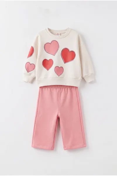 Pembe (1-4 Yaş) Kalp Baskılı 3 İp Şardonlu Kız Bebek&Çocuk Kışlık Takım 500502