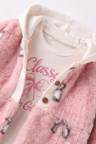 Pembe (1-4 Yaş) Kapüşonlu Peluş Montlu Fitilli Badili Kız Çocuk&Bebek 3'lü Takım 490187