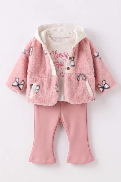 Pembe (1-4 Yaş) Kapüşonlu Peluş Montlu Fitilli Badili Kız Çocuk&Bebek 3'lü Takım 490187