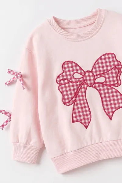 Pembe (1-4 Yaş) Kareli Fiyonk  Nakışlı   Sweatli  2 İp Kız Çocuk&Bebek 2'li Takım 495250