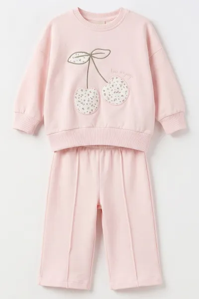 Pembe (1-4 Yaş) Kiraz Nakışlı Alt Çimalı 2 İp Kız Çocuk&Bebek 2'li Takım 495240