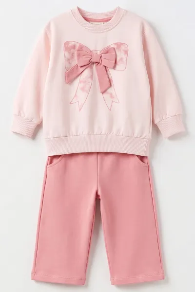Pembe (1-4 Yaş) Kurdela Nakışlı 2 İp Kız Çocuk&Bebek 2'li Takım 495271
