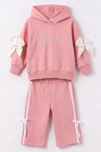 Pembe (1-4 Yaş) Love İnci Baskılı Kapüşonlu Sweatli  2 İp Kız Çocuk&Bebek 2'li Takım 495256