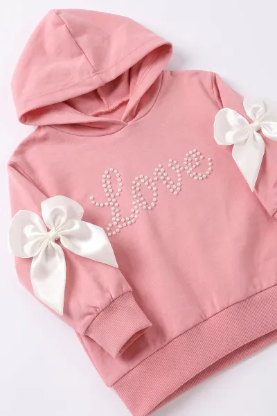 Pembe (1-4 Yaş) Love İnci Baskılı Kapüşonlu Sweatli  2 İp Kız Çocuk&Bebek 2'li Takım 495256