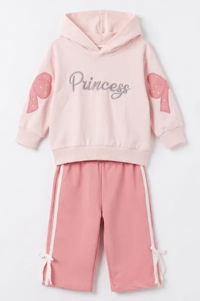 Pembe (1-4 Yaş) Princess Nakışlı Kapüşonlu Sweatli  2 İp Kız Çocuk&Bebek 2'li Takım 495244