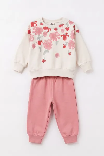 Pembe (1-4 Yaş) Yaka Çiçek Baskılı  3 İp Şardonlu Kız Bebek&Çocuk  Kışlık Takım 497468