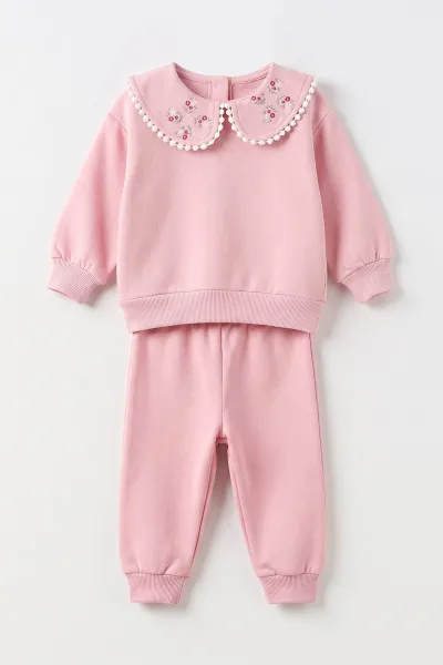 Pembe (1-4 Yaş)  Yaka Çiçek Baskılı 3 İp Şardonlu Kız Bebek&Çocuk Kışlık Takım 498074