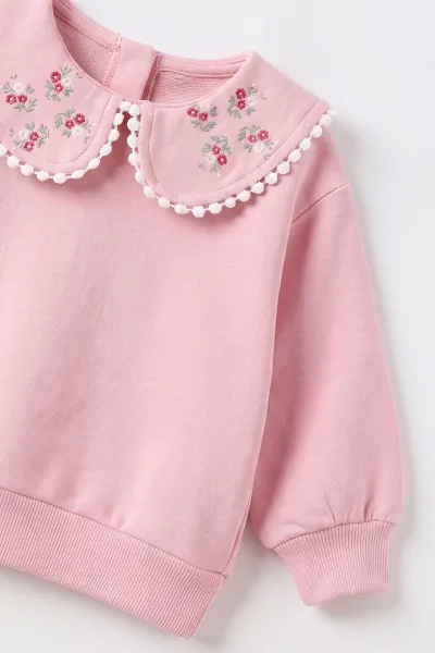 Pembe (1-4 Yaş)  Yaka Çiçek Baskılı 3 İp Şardonlu Kız Bebek&Çocuk Kışlık Takım 498074