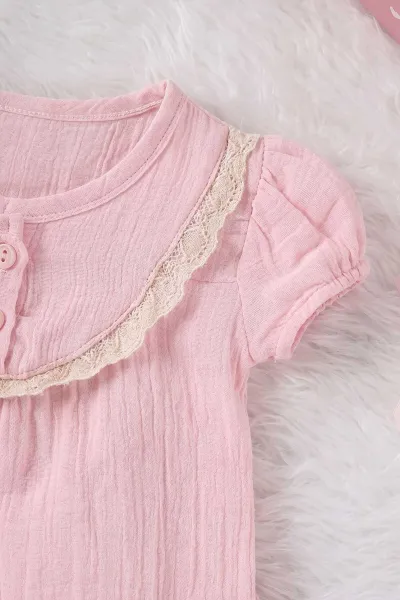 Pembe (1-4 Yaş) Yakası Dantelli Düğmeli Kız Çocuk Takım 468558