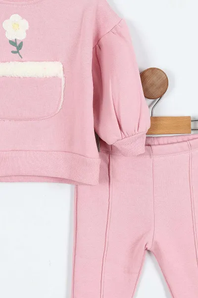 Pembe (1-4 Yaş)Cep Detay Nakışlı İspanyol Çimalı Üç İp Şardonlu Kız Çocuk Takım 403490