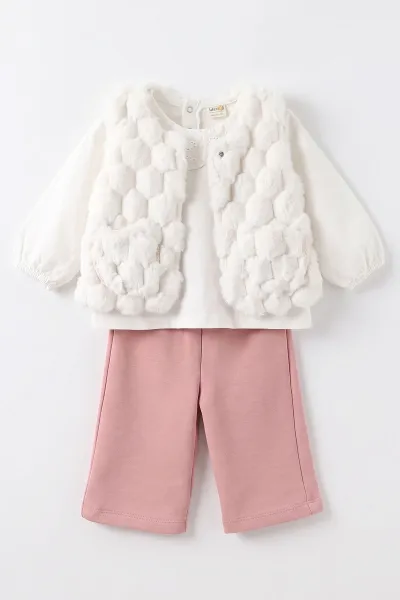 Pembe (1-4 Yaş)Dantel Aksesuarlı Peluş Yelekli Alt Şardonlu  Kız Çocuk&Bebek 3'lü Takım 495197