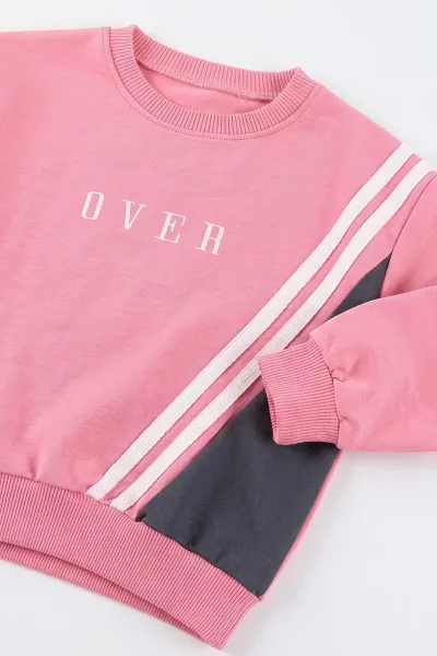 Pembe (1-4 Yaş)Over Baskılı Garnili Şerit Çizgili Kız Çocuk Takım 476829