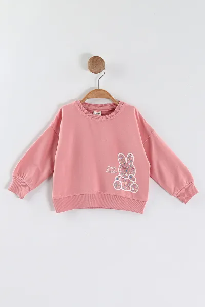 Pembe (1-4 Yaş)Tavşan Baskılı  Taşlı Kız Çocuk Sweatshirt 432955