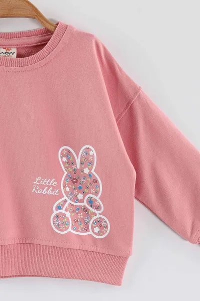 Pembe (1-4 Yaş)Tavşan Baskılı  Taşlı Kız Çocuk Sweatshirt 432955