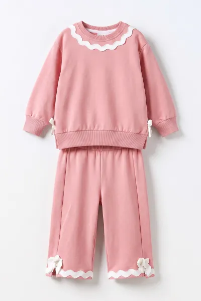 Pembe (1-4 Yaş)Yaka Paçası Dantelli Fiyonklu İki İp Kız Çocuk Takım 477766