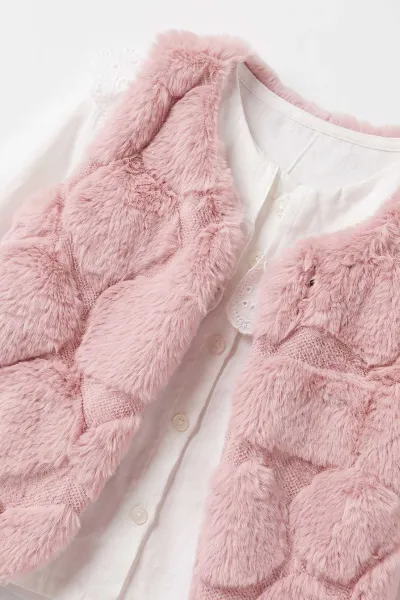 Pembe (1-4 Yaş)Yakası Dantelli Badili Peluş Yelekli Alt Şardonlu Kız Çocuk&Bebek 3'lü Takım 495194