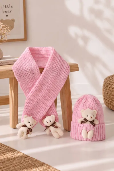 Pembe (1-5 Yaş) Ayıcıklı  Çocuk Atkı Bere Takım 475073