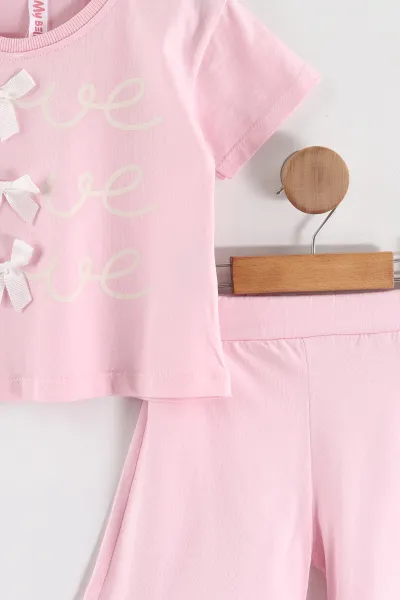 Pembe (1-5 Yaş) Baskılı Fiyonklu Tişörtlü ve Şortlu   Kız Çocuk 2'li Takım 461320