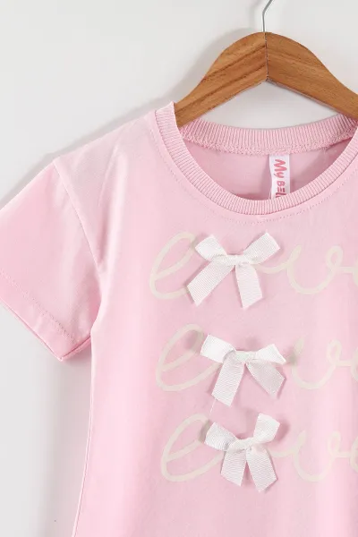 Pembe (1-5 Yaş) Baskılı Fiyonklu Tişörtlü ve Şortlu   Kız Çocuk 2'li Takım 461320