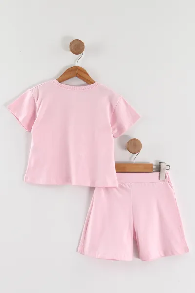 Pembe (1-5 Yaş) Baskılı Fiyonklu Tişörtlü ve Şortlu   Kız Çocuk 2'li Takım 461320