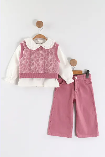 Pembe (1-5 Yaş) Bebe Yaka Keten Gömlekli Çiçekli Süveterli Gabardin Pantolonlu Kız Çocuk 3'lü Takım 442765