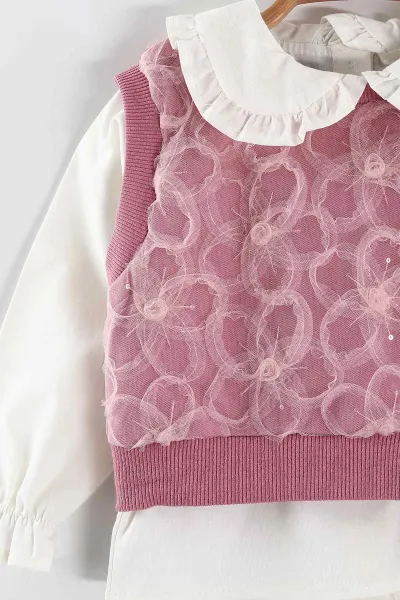 Pembe (1-5 Yaş) Bebe Yaka Keten Gömlekli Çiçekli Süveterli Gabardin Pantolonlu Kız Çocuk 3'lü Takım 442765