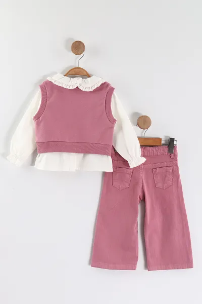 Pembe (1-5 Yaş) Bebe Yaka Keten Gömlekli Çiçekli Süveterli Gabardin Pantolonlu Kız Çocuk 3'lü Takım 442765